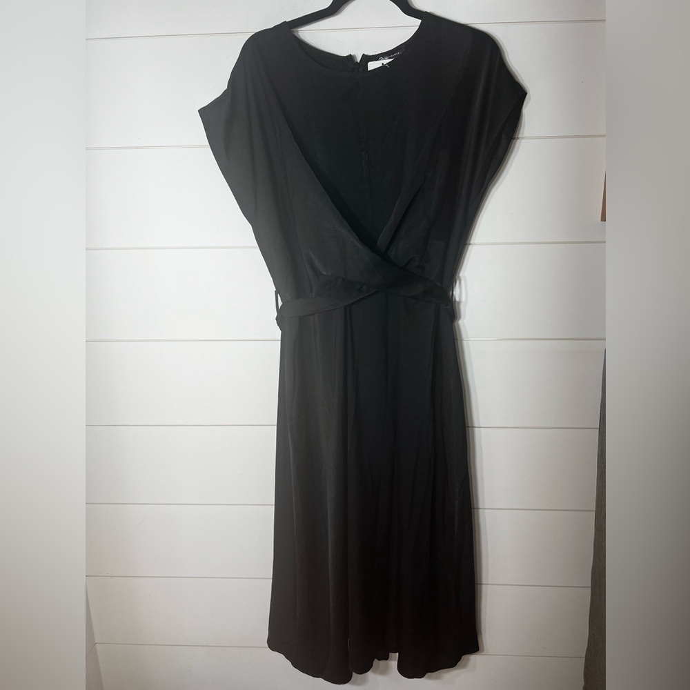 Prettygarden Black Cap Sleeve A-Line Flowy Tie Waist Wrap Dress Large NWT